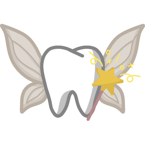 A bright white tooth with flower petal like wings. Leaning against it is a pink magic wand topped with a gold star. The tooth and wings have softer, lighter line art.